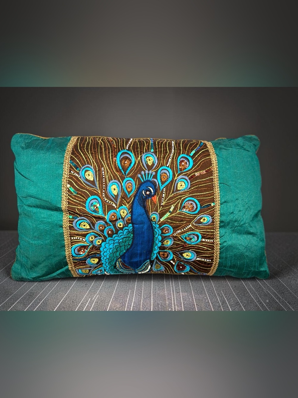 Pier 1 Imports Peacock Embroidered Sequin Lumbar Pillow 12x20 Teal Brown Gold